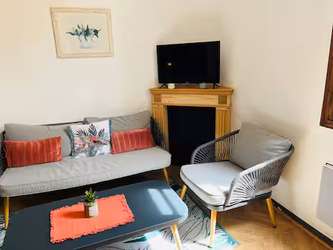 Salon avec canapé et télévision à Montpellier