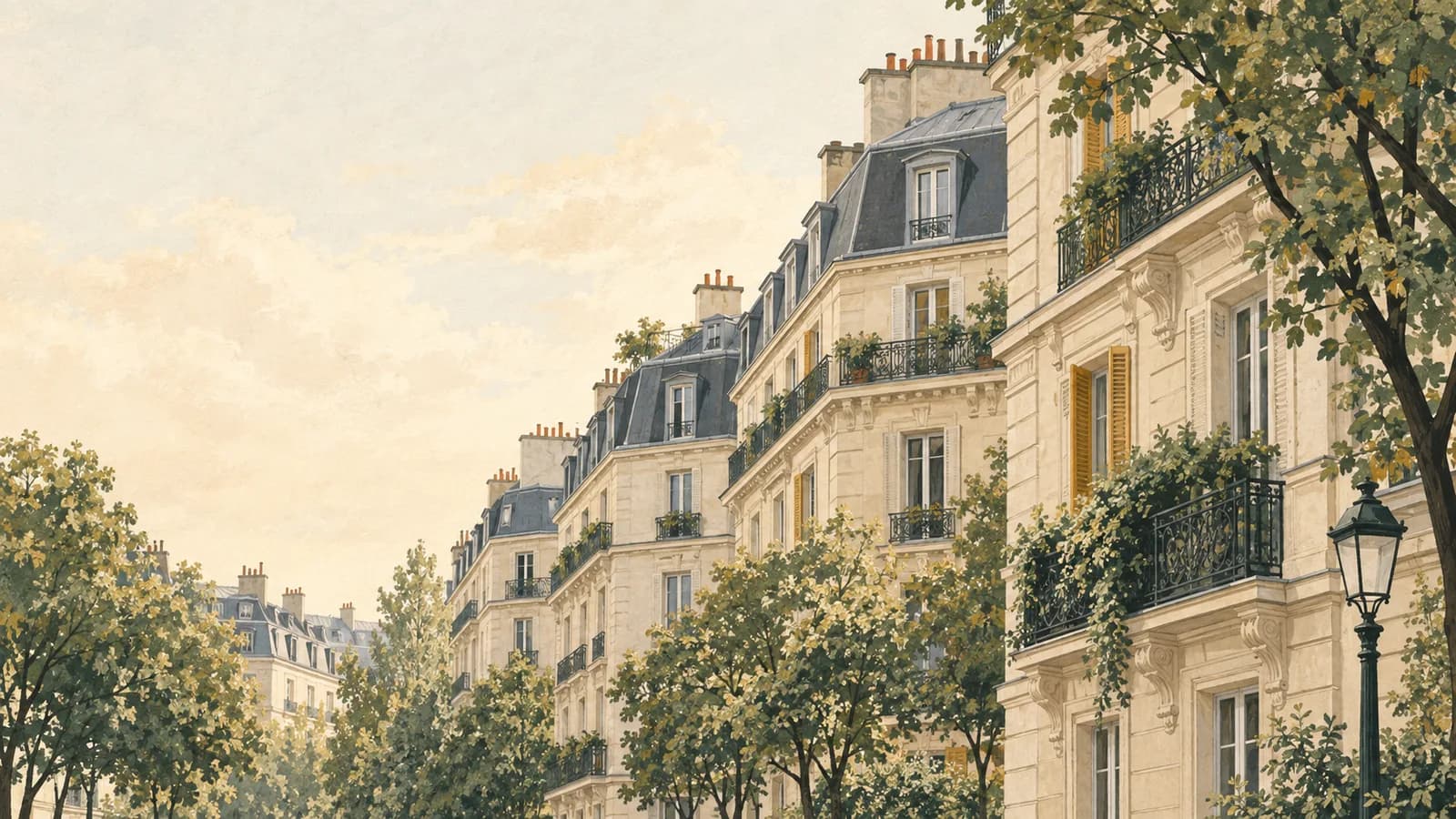 Illustration d’une rue parisienne arborée et de façades en pierre
