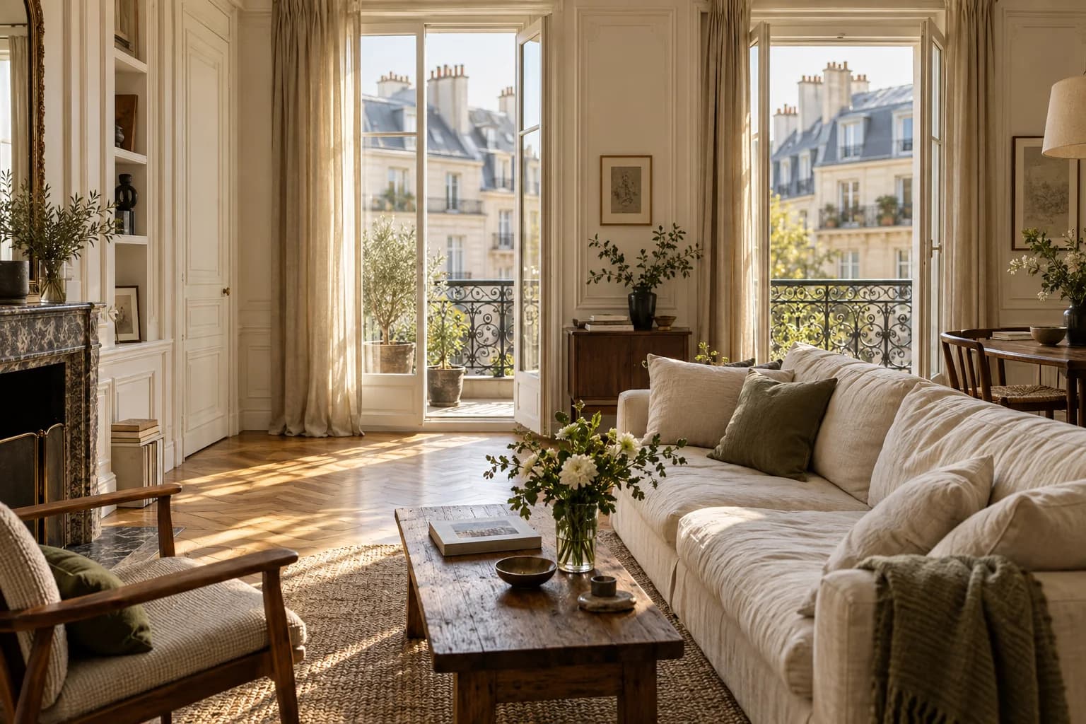 Salon d’inspiration parisienne : parquet, moulures, grandes fenêtres et canapé en lin